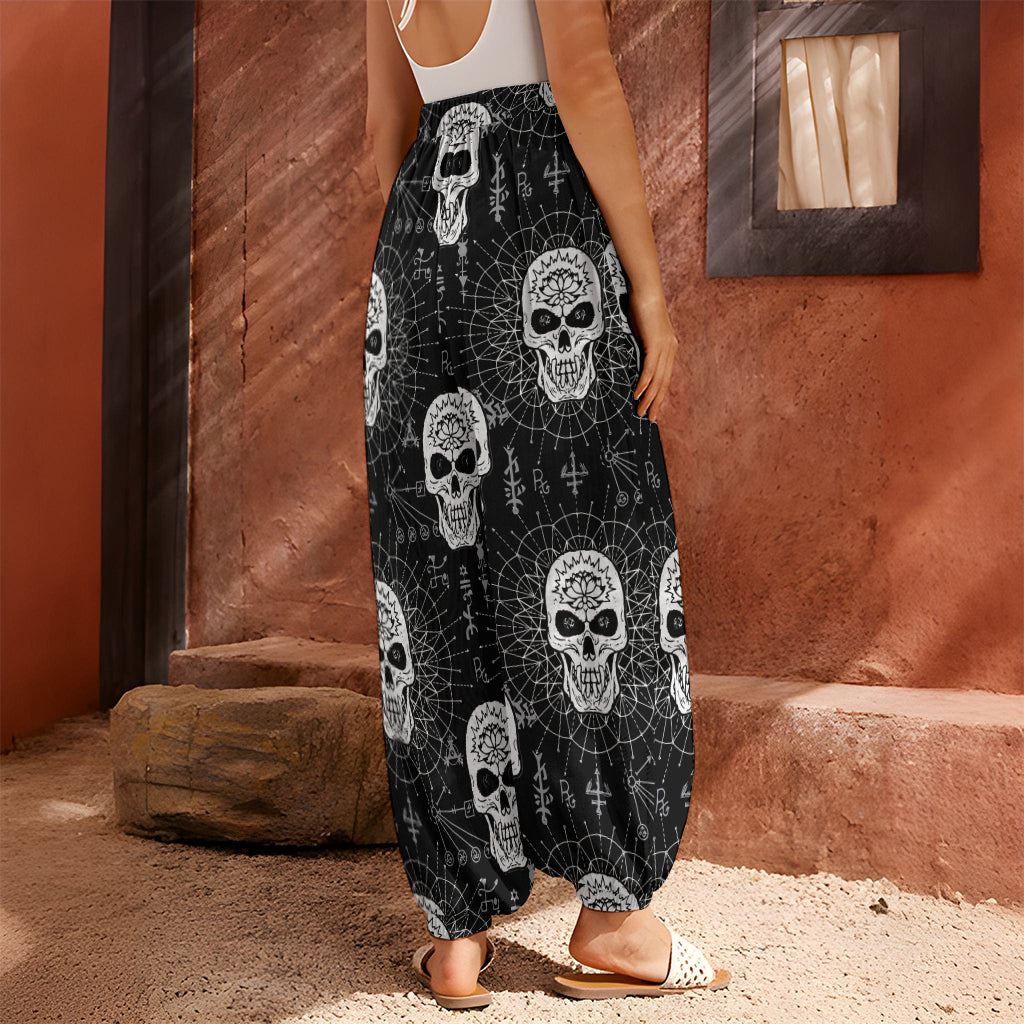 Black And White Wicca Evil Skull Print Harem Pants