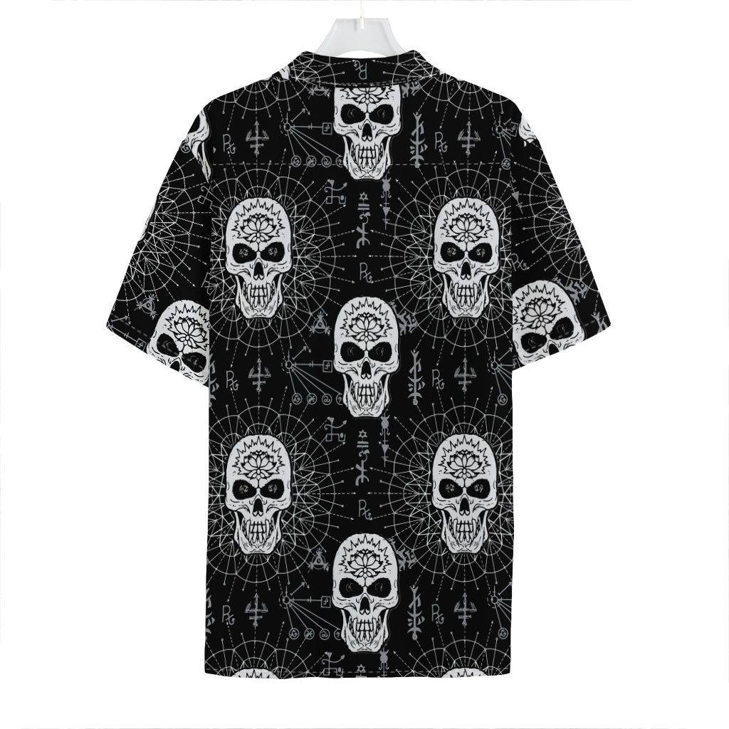 Black And White Wicca Evil Skull Print Hawaiian Shirt