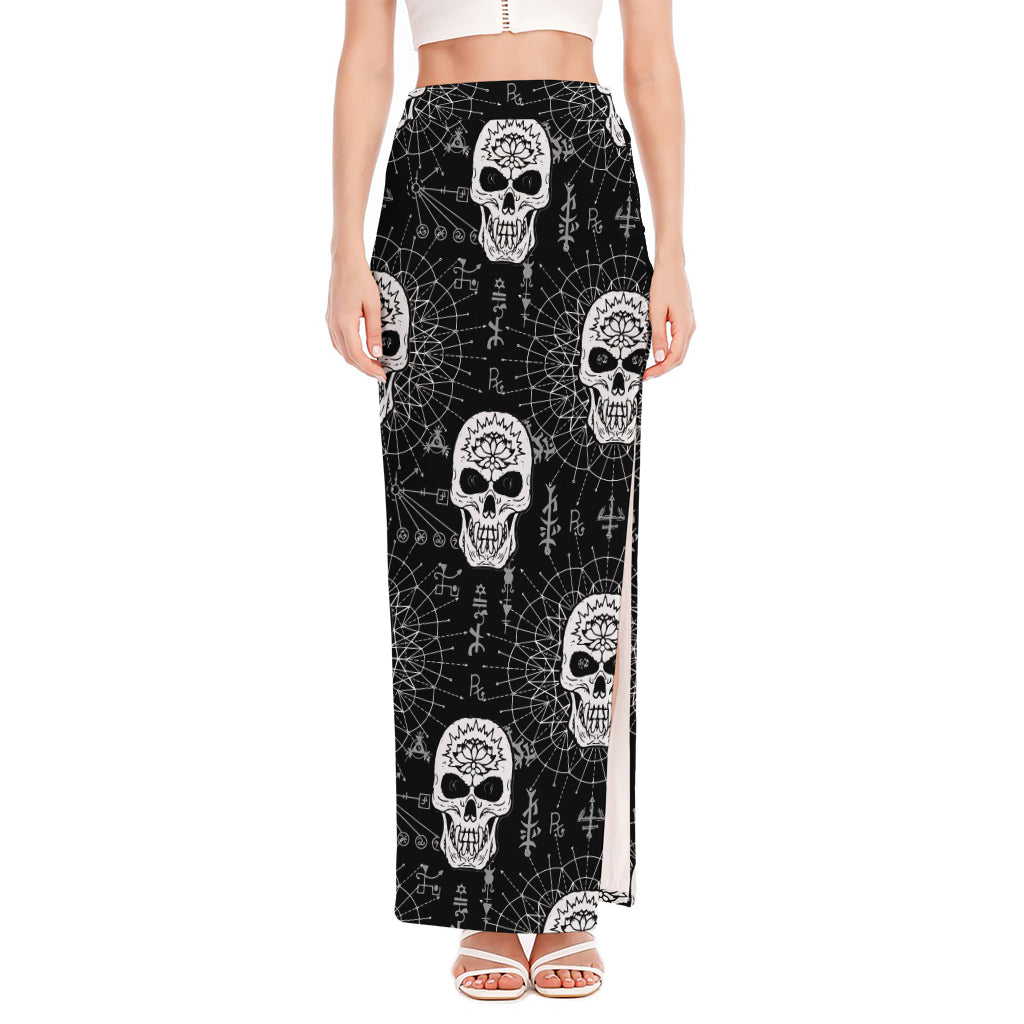 Black And White Wicca Evil Skull Print High Slit Maxi Skirt