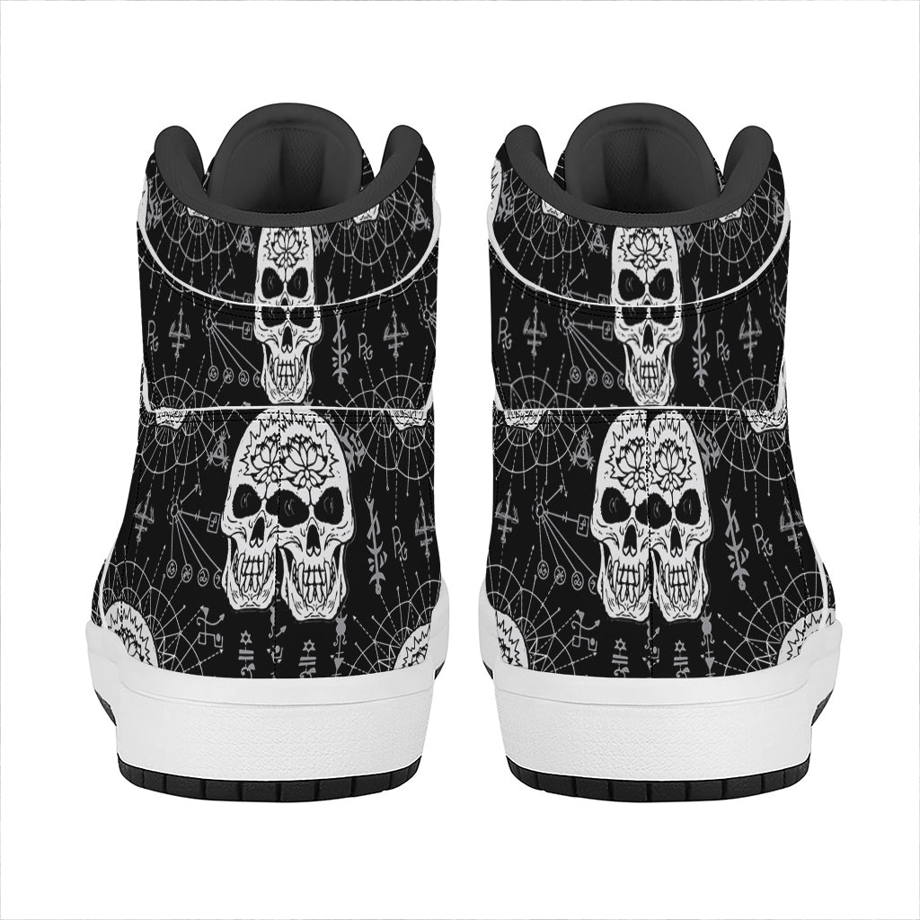 Black And White Wicca Evil Skull Print High Top Leather Sneakers