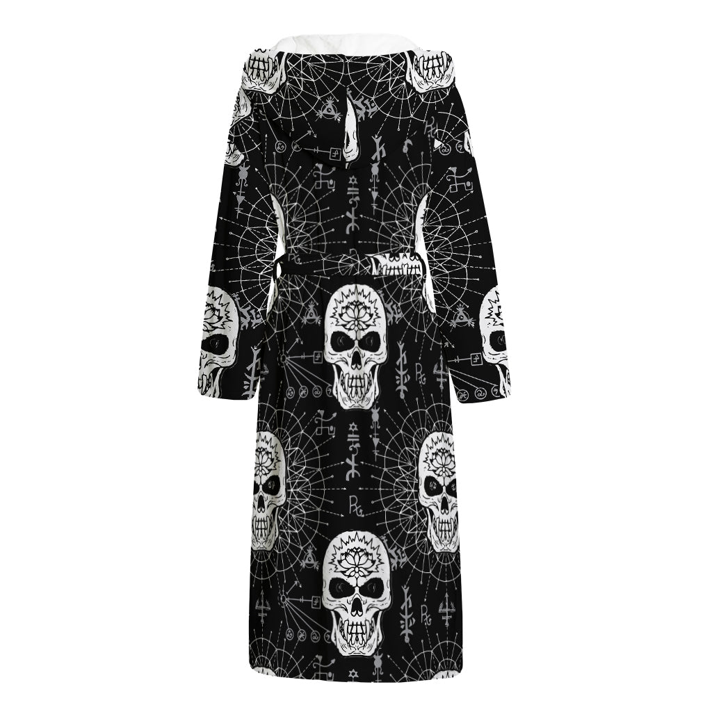 Black And White Wicca Evil Skull Print Hooded Bathrobe