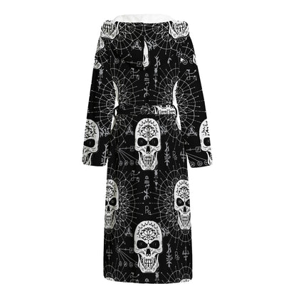 Black And White Wicca Evil Skull Print Hooded Bathrobe