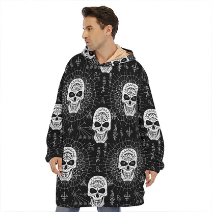 Black And White Wicca Evil Skull Print Hoodie Blanket