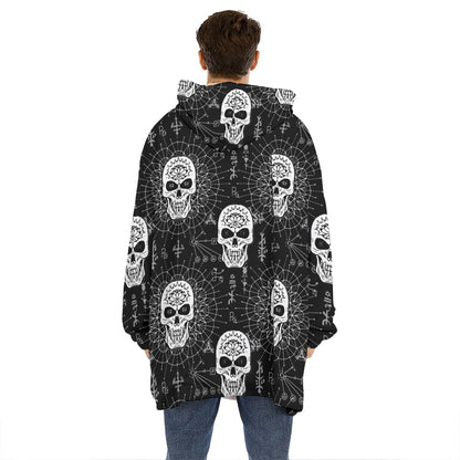 Black And White Wicca Evil Skull Print Hoodie Blanket