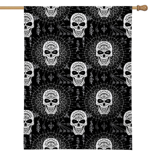 Black And White Wicca Evil Skull Print House Flag