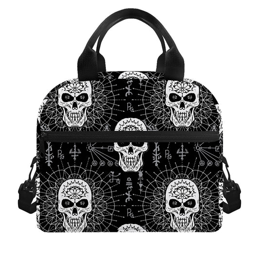 Black And White Wicca Evil Skull Print Insulated Lunch Bag