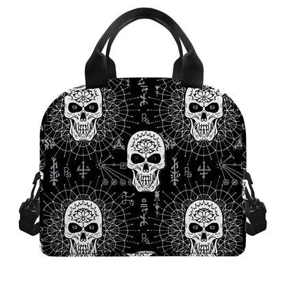 Black And White Wicca Evil Skull Print Insulated Lunch Bag