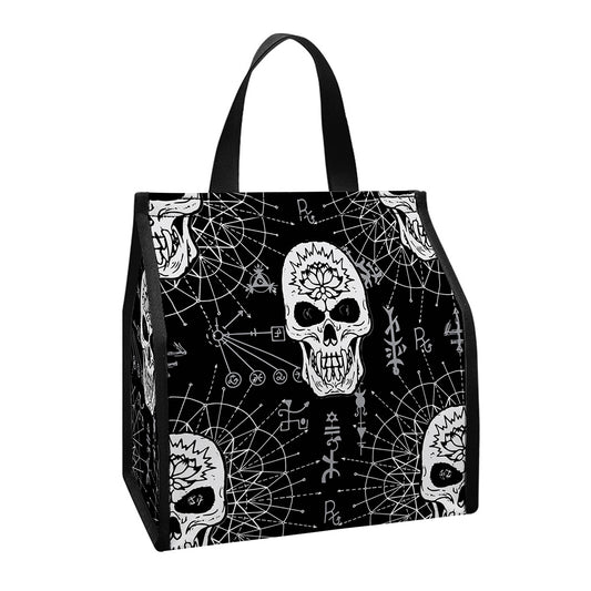 Black And White Wicca Evil Skull Print Insulated Lunch Tote
