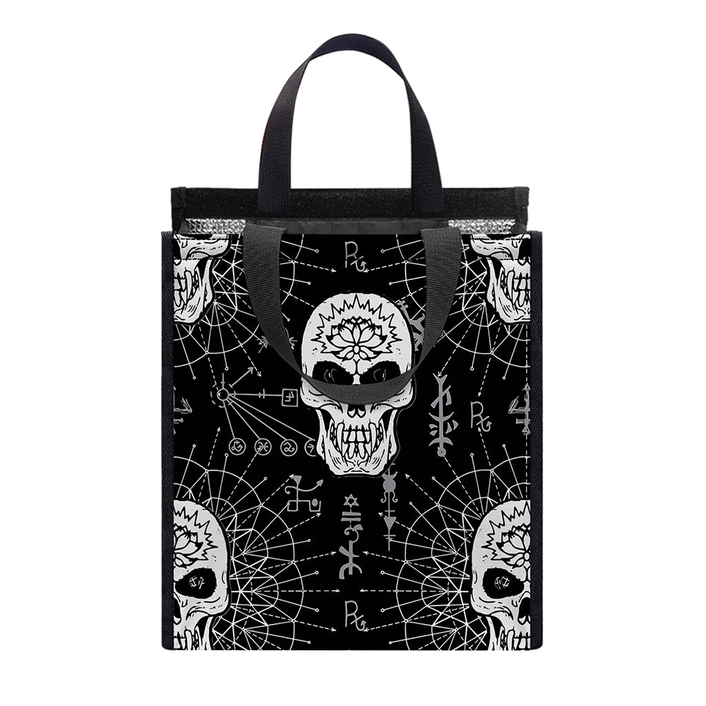 Black And White Wicca Evil Skull Print Insulated Lunch Tote