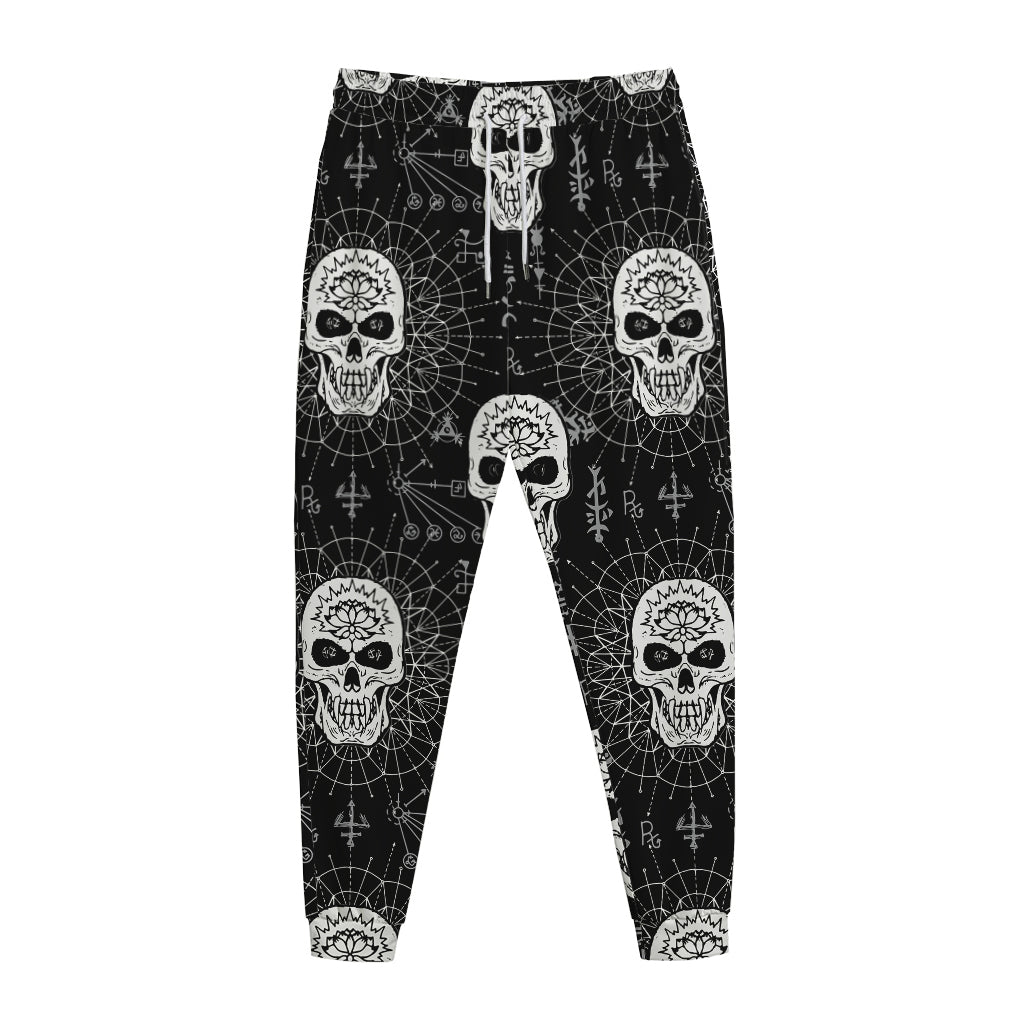 Black And White Wicca Evil Skull Print Jogger Pants
