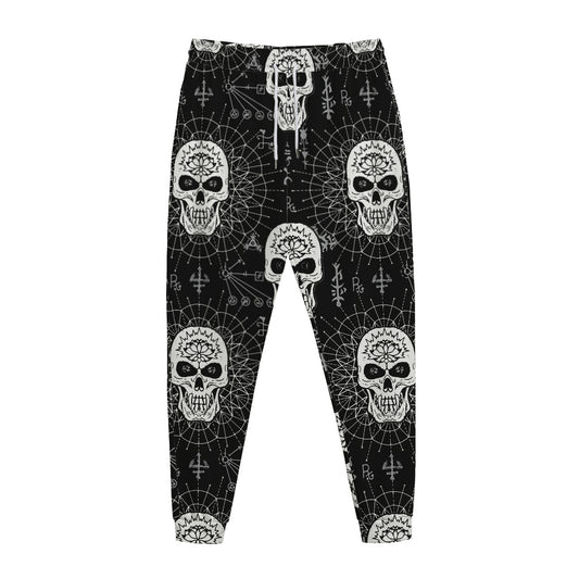 Black And White Wicca Evil Skull Print Jogger Pants