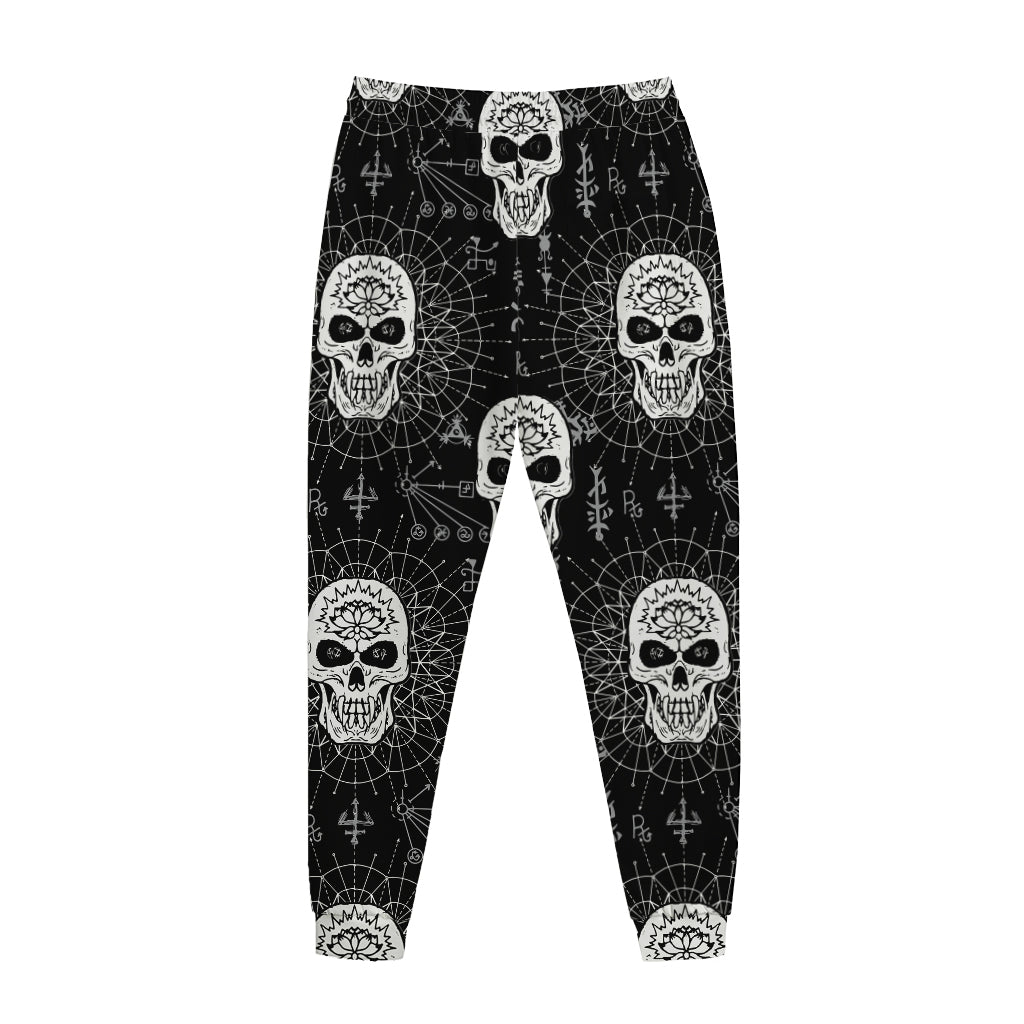Black And White Wicca Evil Skull Print Jogger Pants
