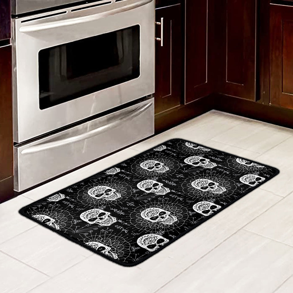 Black And White Wicca Evil Skull Print Kitchen Mat