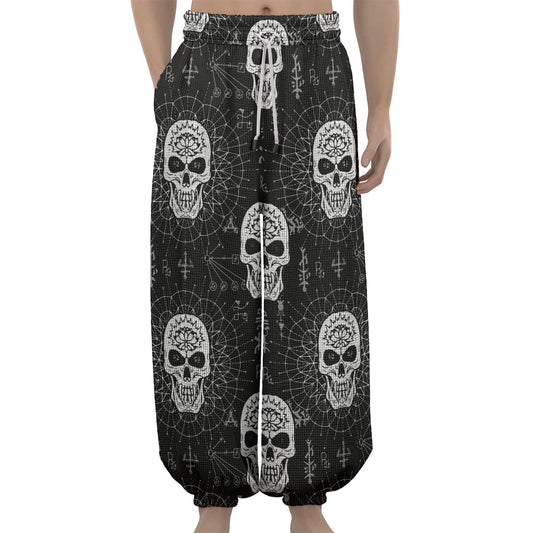 Black And White Wicca Evil Skull Print Lantern Pants