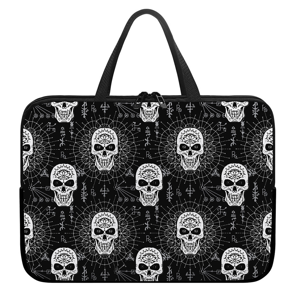 Black And White Wicca Evil Skull Print Laptop Sleeve With Handle