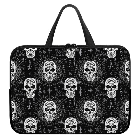 Black And White Wicca Evil Skull Print Laptop Sleeve With Handle