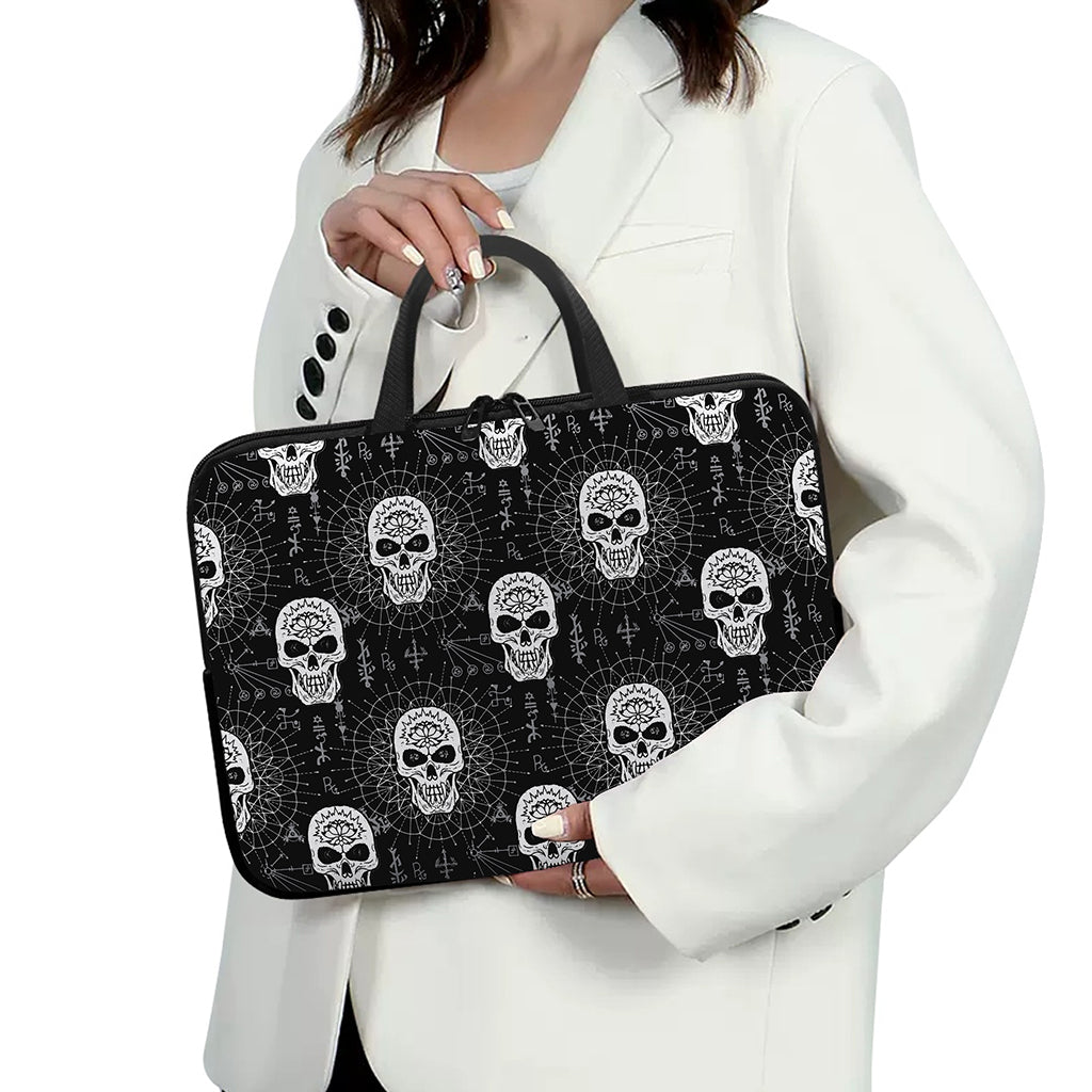 Black And White Wicca Evil Skull Print Laptop Sleeve With Handle