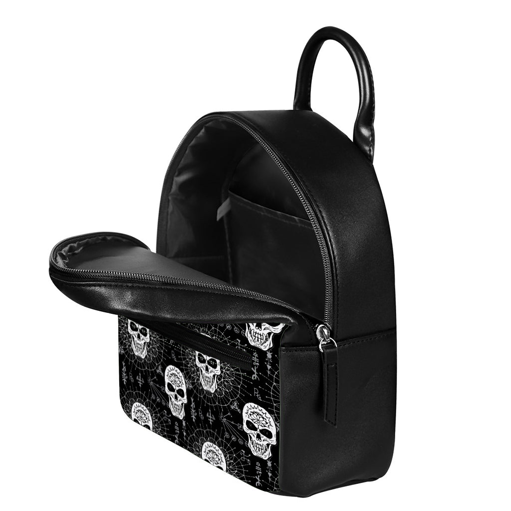 Black And White Wicca Evil Skull Print Leather Backpack