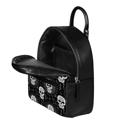 Black And White Wicca Evil Skull Print Leather Backpack