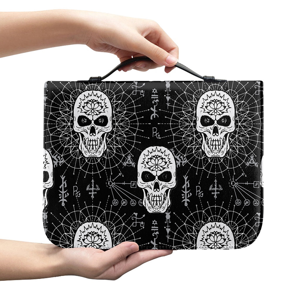 Black And White Wicca Evil Skull Print Leather Bible Cover