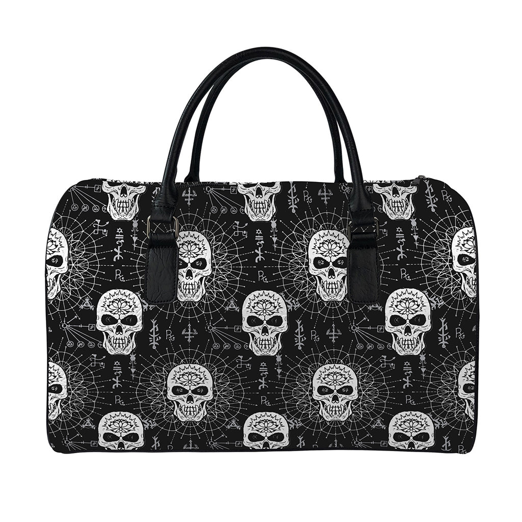 Black And White Wicca Evil Skull Print Leather Duffle Bag