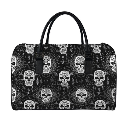 Black And White Wicca Evil Skull Print Leather Duffle Bag