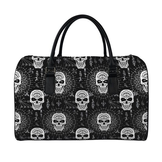 Black And White Wicca Evil Skull Print Leather Duffle Bag