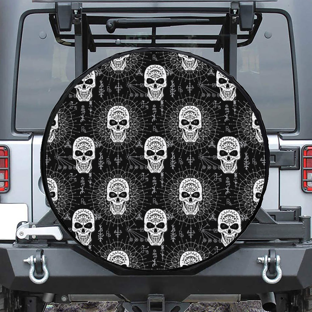 Black And White Wicca Evil Skull Print Leather Spare Tire Cover