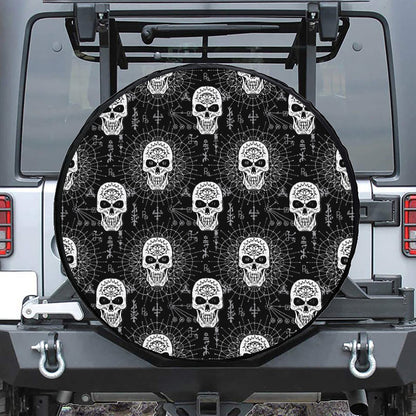 Black And White Wicca Evil Skull Print Leather Spare Tire Cover