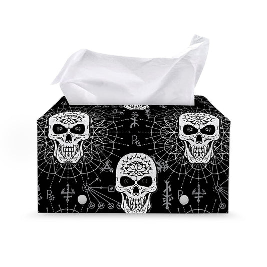 Black And White Wicca Evil Skull Print Leather Tissue Box Cover