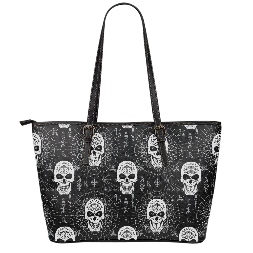 Black And White Wicca Evil Skull Print Leather Tote Bag