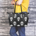 Black And White Wicca Evil Skull Print Leather Tote Bag