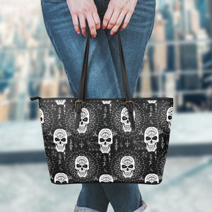 Black And White Wicca Evil Skull Print Leather Tote Bag