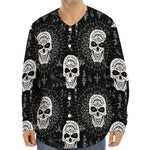 Black And White Wicca Evil Skull Print Long Sleeve Baseball Jersey