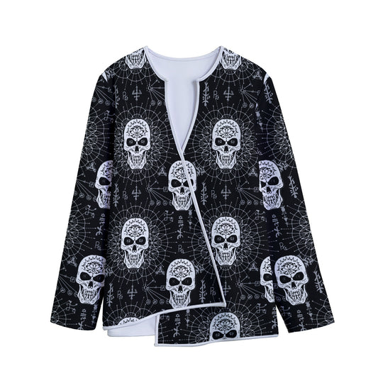 Black And White Wicca Evil Skull Print Long Sleeve Short Coat