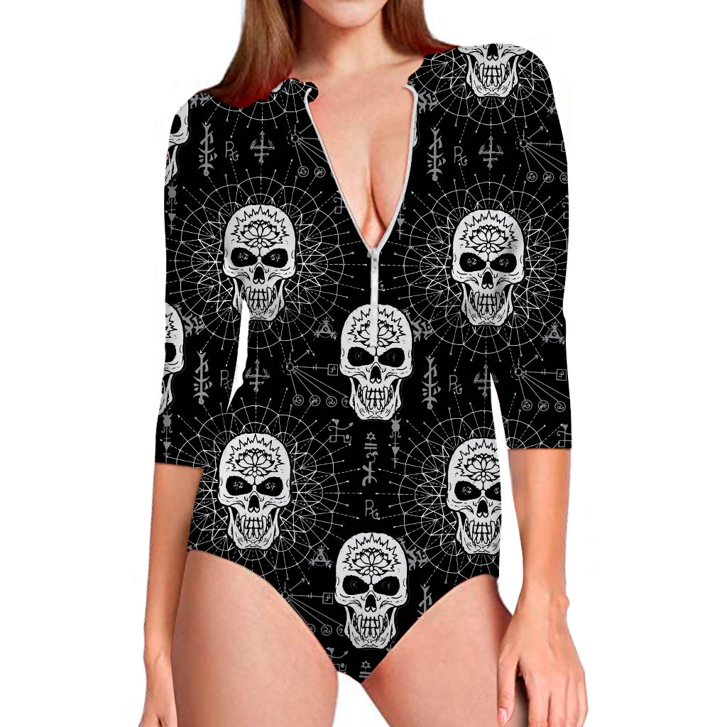 Black And White Wicca Evil Skull Print Long Sleeve Swimsuit