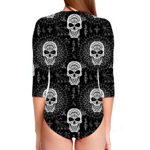 Black And White Wicca Evil Skull Print Long Sleeve Swimsuit