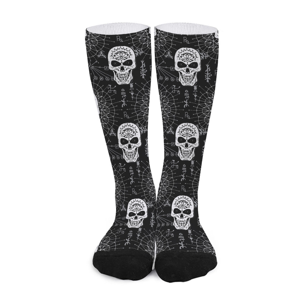 Black And White Wicca Evil Skull Print Long Socks