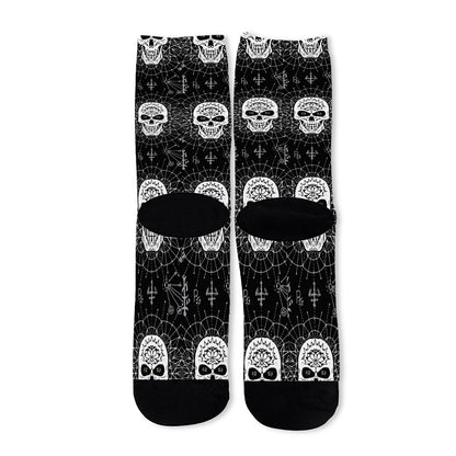 Black And White Wicca Evil Skull Print Long Socks