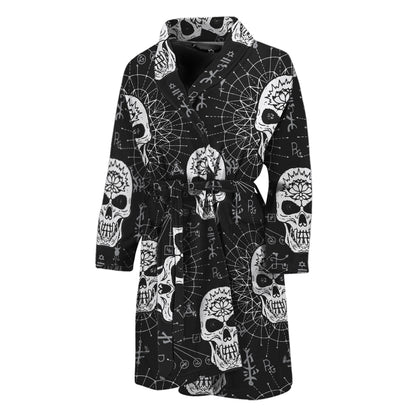 Black And White Wicca Evil Skull Print Men's Bathrobe