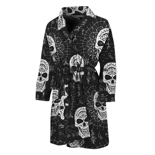 Black And White Wicca Evil Skull Print Men's Bathrobe