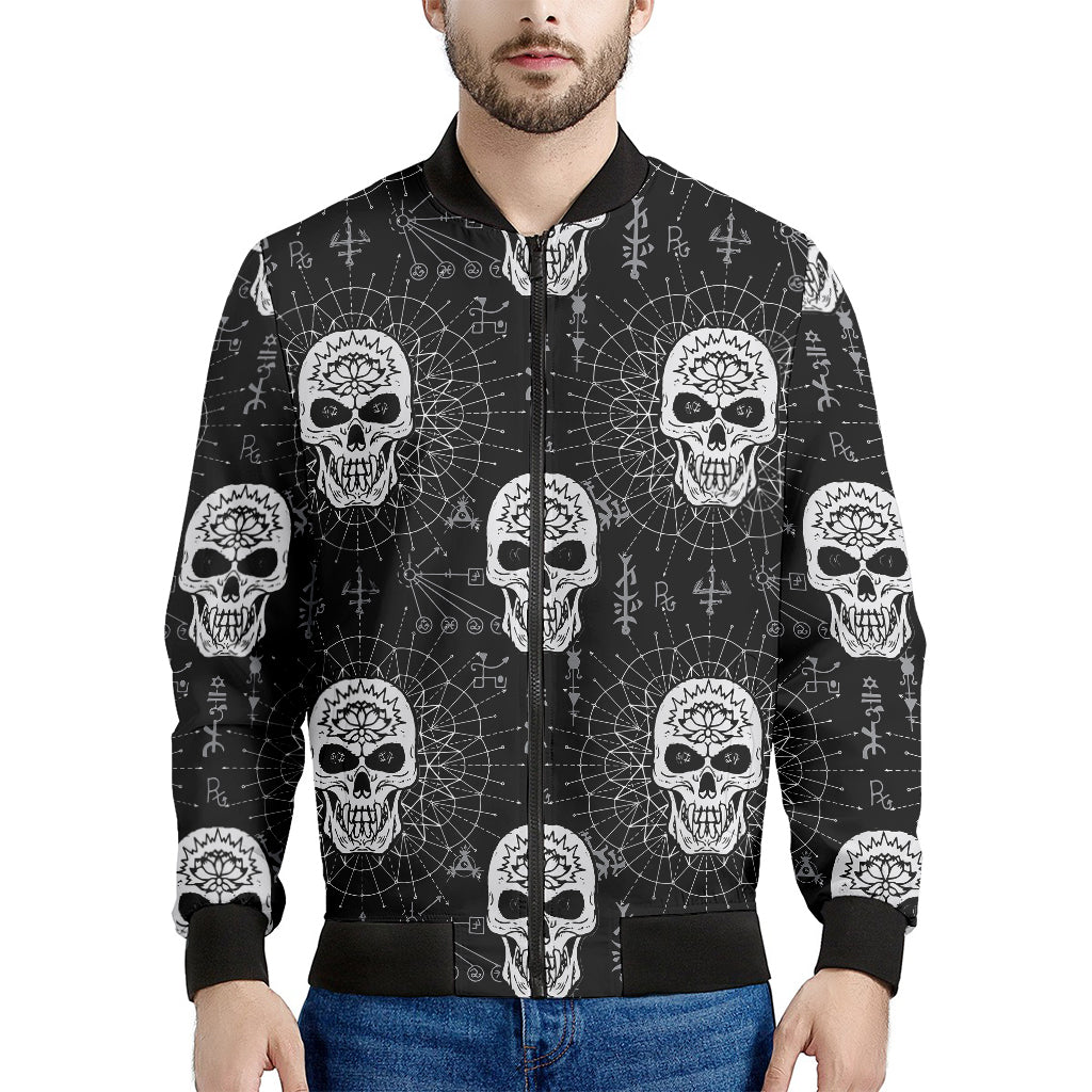 Black And White Wicca Evil Skull Print Men's Bomber Jacket
