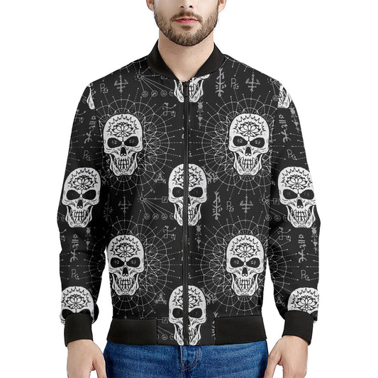 Black And White Wicca Evil Skull Print Men's Bomber Jacket