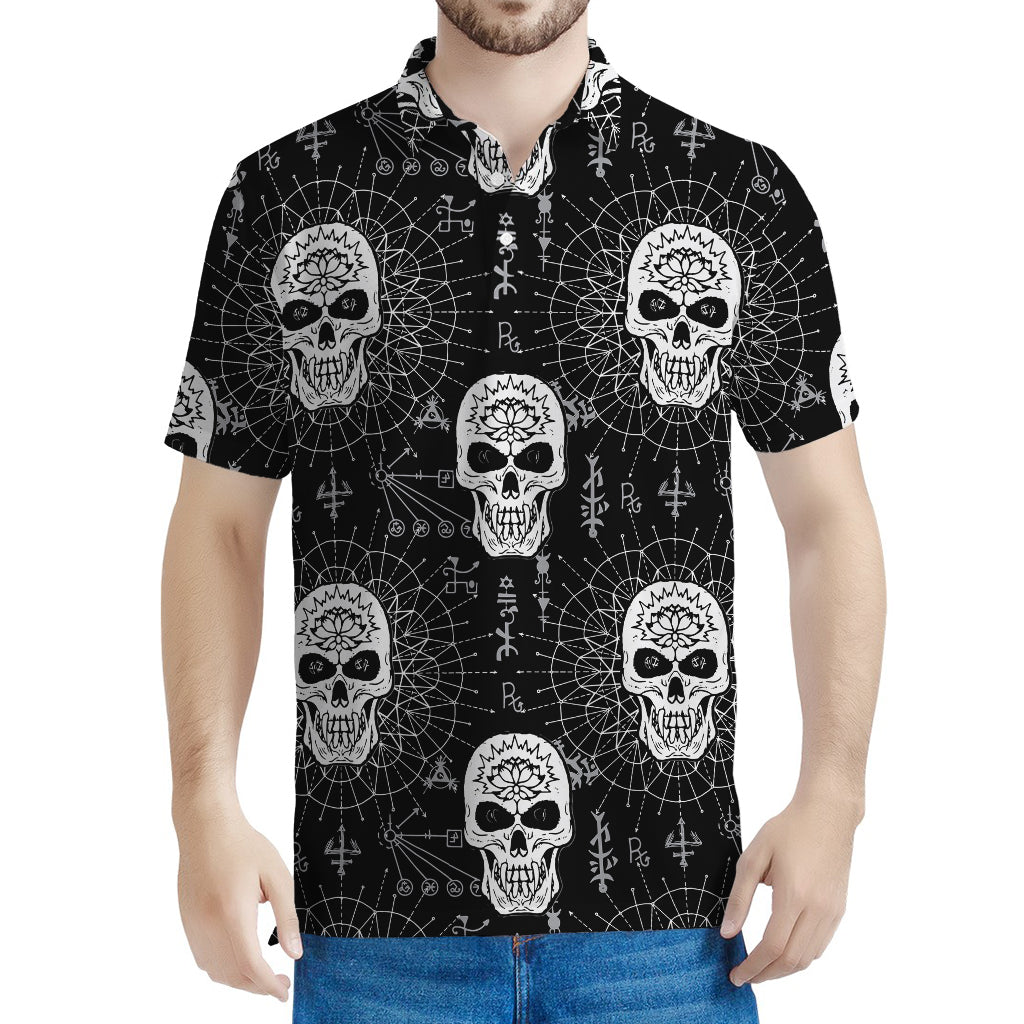 Black And White Wicca Evil Skull Print Men's Polo Shirt