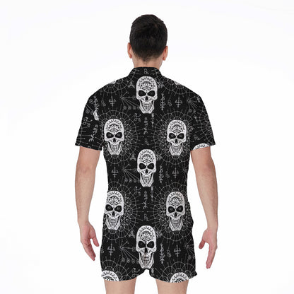 Black And White Wicca Evil Skull Print Men's Rompers