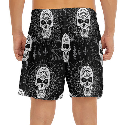 Black And White Wicca Evil Skull Print Men's Split Running Shorts