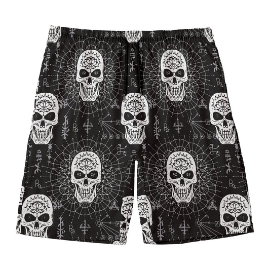 Black And White Wicca Evil Skull Print Men's Swim Trunks