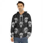 Black And White Wicca Evil Skull Print Men's Velvet Pullover Hoodie