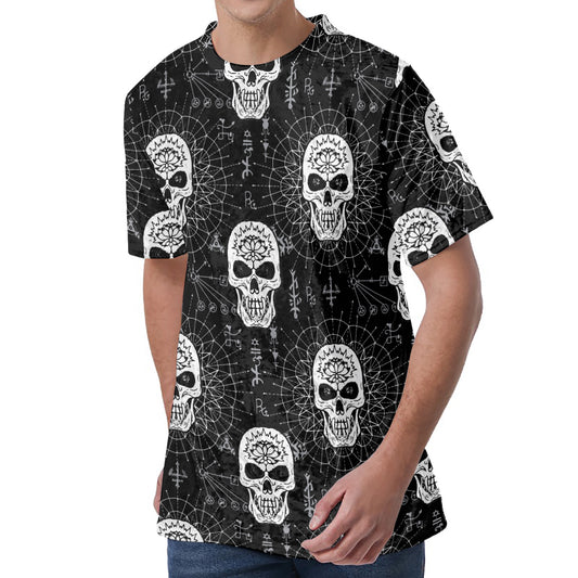 Black And White Wicca Evil Skull Print Men's Velvet T-Shirt