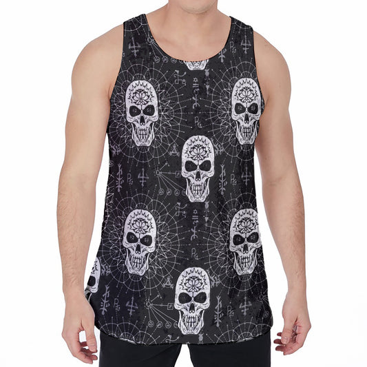 Black And White Wicca Evil Skull Print Men's Velvet Tank Top